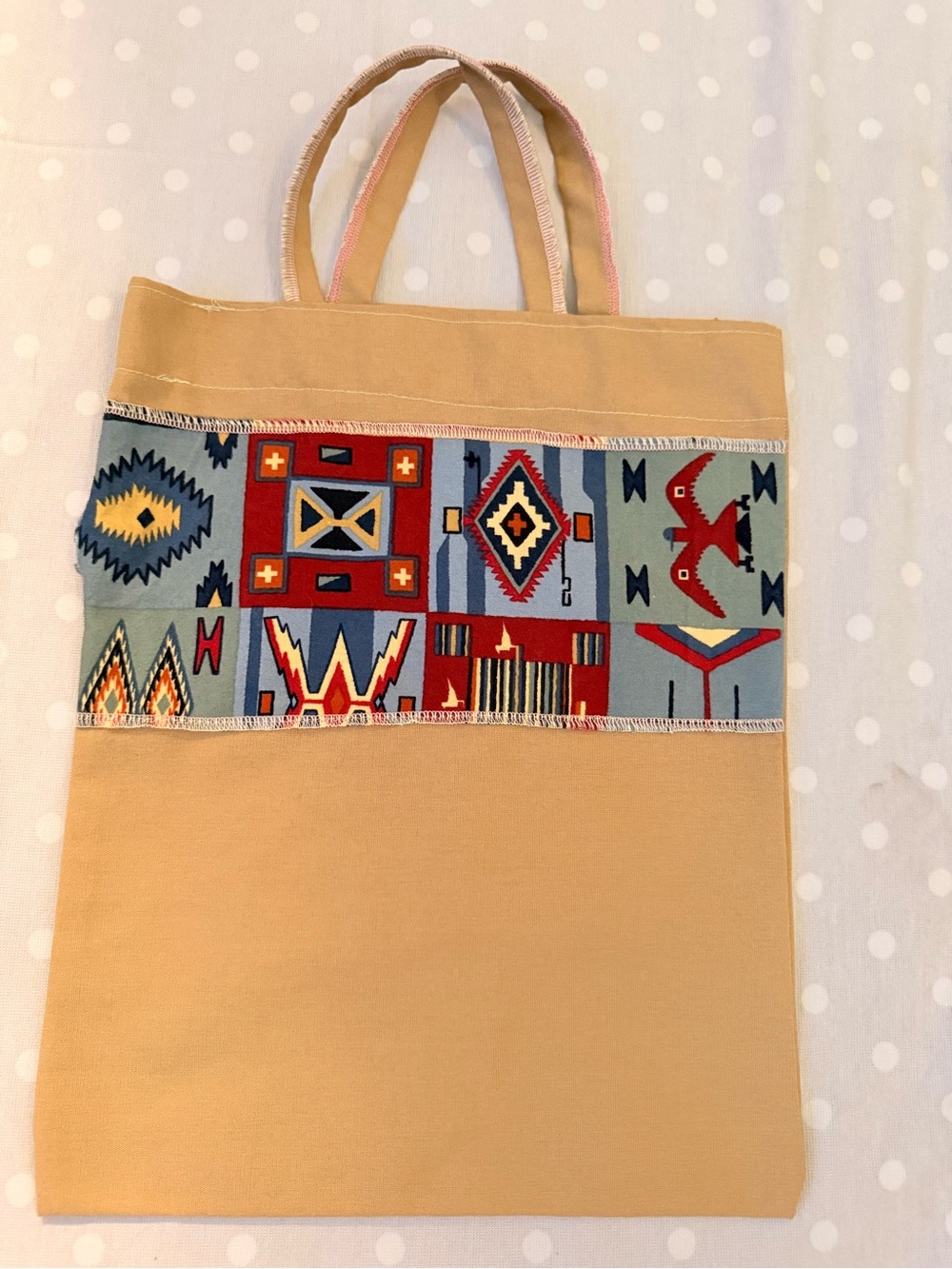 Canvas Tote Bag with Southwestern Pattern - Beige